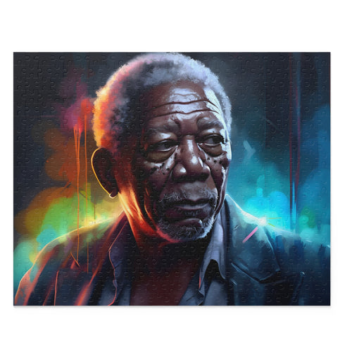 Vibrant neon Morgan Freeman watercolor puzzle, unique colors and design.