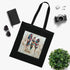 Bohemian feather print black cotton tote bag with whimsical charm.