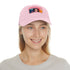 Neon watercolor hat with light brown patch, hand-painted by Kate Beckinsale.