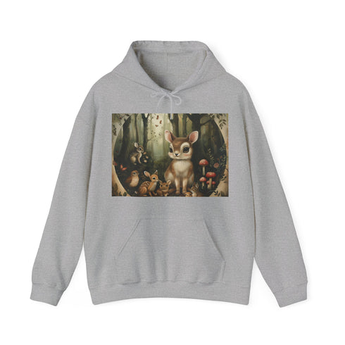 Woodland navy hoodie with sylvan sanctuary design for men and women.