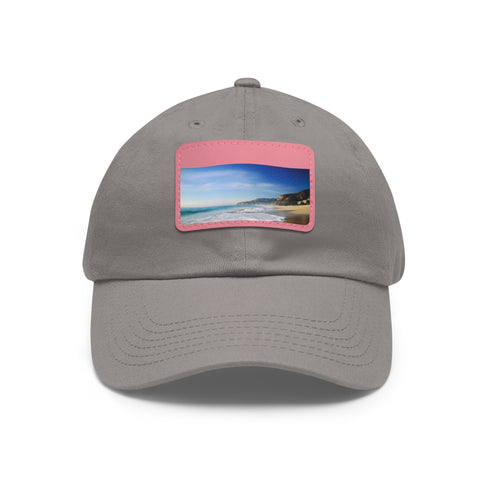 White cotton Malibu Dreamin baseball cap with light brown rectangle patch.