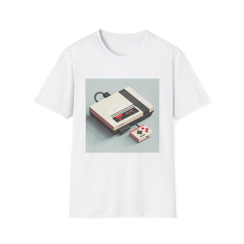 Retro gaming charcoal pixel T-shirt for men and women, size small.