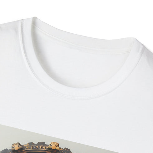 Charcoal steampunk t-shirt with intricate clockwork gears and crew neck