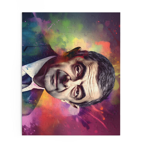 Neon watercolor Rowan Atkinson puzzle with 10" x 8" dimensions.