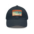Futuristic city skyline white baseball cap with rectangle patch design.
