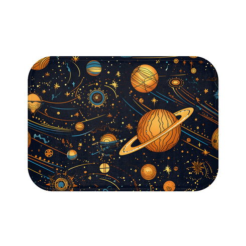Celestial dreamscape bath mat with stars, moons, and comets pattern.