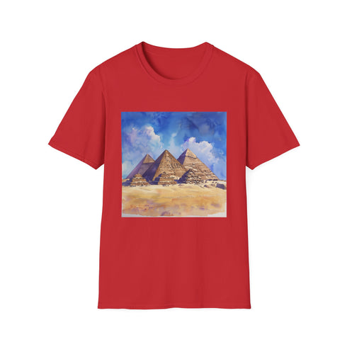 Charcoal Egyptian Pyramids watercolor cotton t-shirt showcasing vibrant ancient wonders
