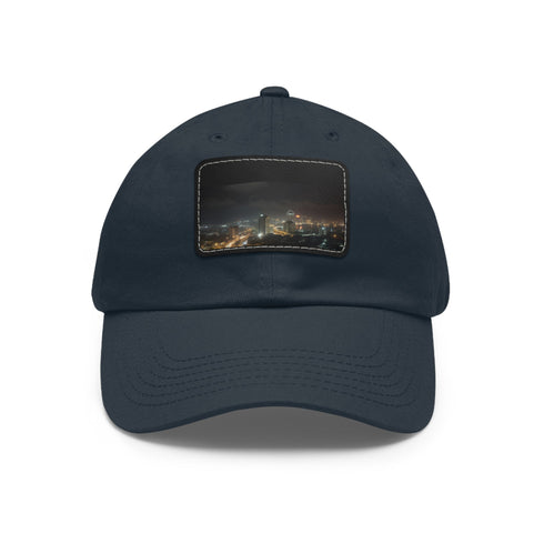 White baseball cap showcasing Lagos night skyline with rectangle shaped light brown patch.