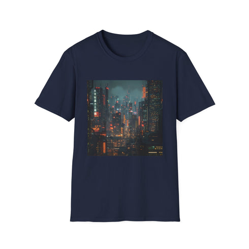 Charcoal cyberpunk cityscape t-shirt with neon skyscrapers and soft cotton fabric