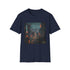 Charcoal cyberpunk cityscape t-shirt with neon skyscrapers and soft cotton fabric