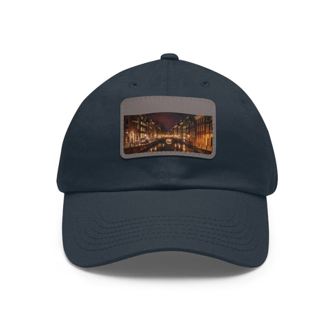 White cotton baseball cap with Amsterdam Canals night scene patch.