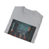 Charcoal cyberpunk cityscape t-shirt with neon graphic on soft cotton