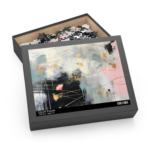 Mesmerizing mint and gold jigsaw puzzle with abstract acrylic hues.