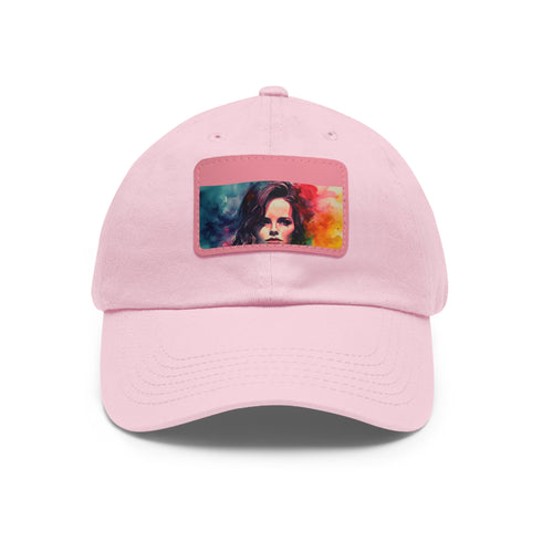 Neon watercolor baseball cap with light brown rectangle patch and unisex appeal