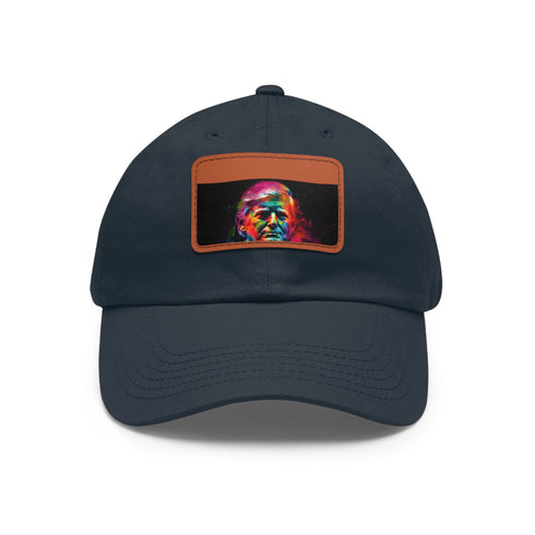 Vibrant watercolor neon Trump baseball cap with white/light brown patch.