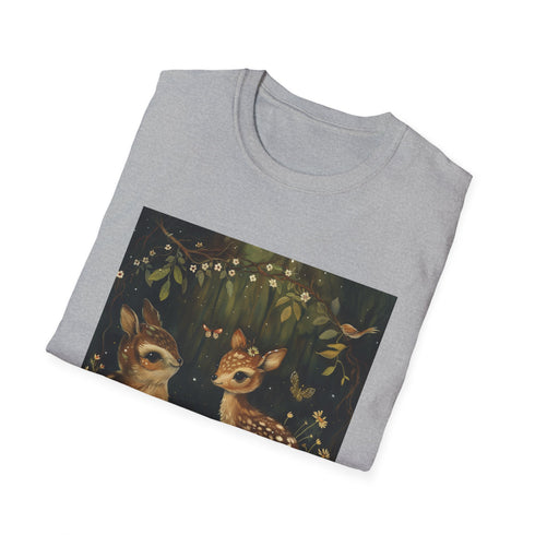 Charcoal crew neck T-shirt featuring woodland creatures in vibrant forest pattern