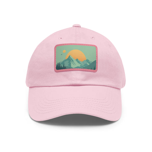 Minimalist white baseball cap with light brown mountain landscape patch.