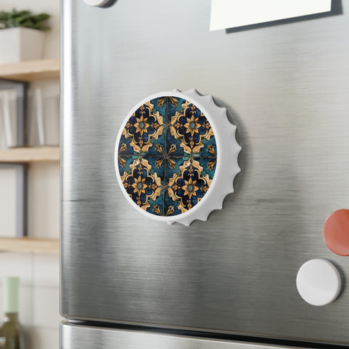 Artisan white tile bottle opener with intricate pattern design.