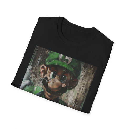 Charcoal crew neck cotton T-shirt with vibrant Luigi painting