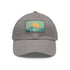Minimalist white baseball cap with serene mountain landscape patch.