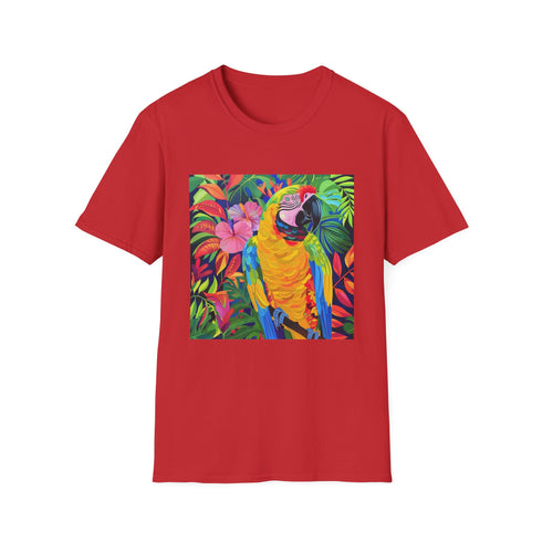 Charcoal cotton crew neck t-shirt featuring vibrant tropical parrot design