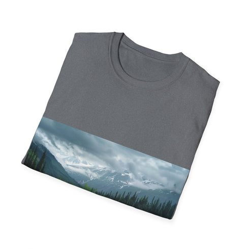 Breathtaking Alaska landscape watercolor t-shirt in Charcoal, size S.