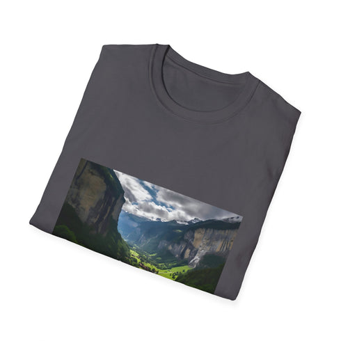 Nature-inspired charcoal t-shirt with Swiss Alps design - men's small size.