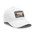 Amsterdam skyline white snapback cap with light brown patch.