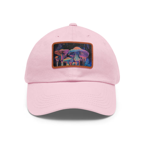 Psychedelic mushroom trucker hat in white with light brown patch.
