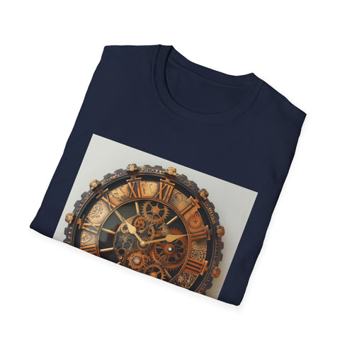Charcoal steampunk t-shirt with intricate gear design and soft cotton fabric