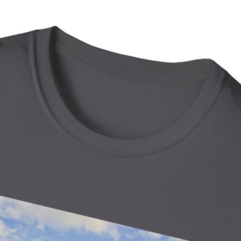 Charcoal cotton T-shirt featuring retro camper van seaside graphic