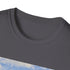 Charcoal cotton T-shirt featuring retro camper van seaside graphic