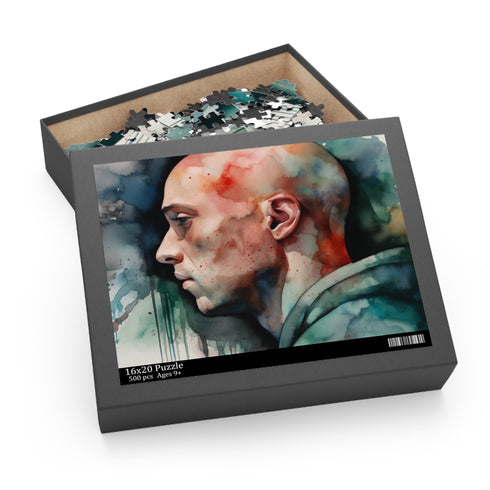 Eminem watercolor jigsaw puzzle featuring iconic rapper in vibrant colors.