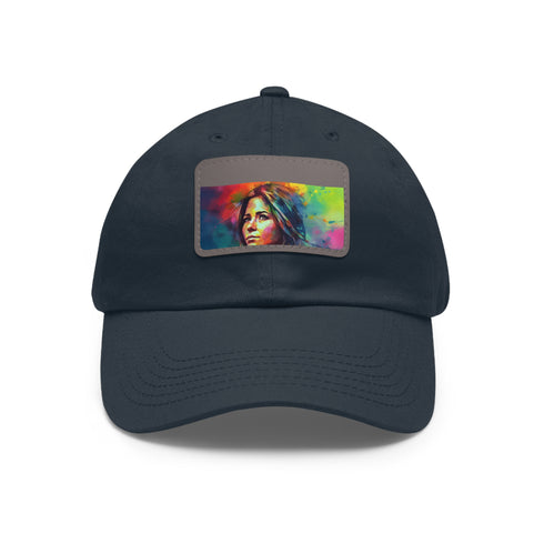 Chic white watercolor cap with light brown patch and neon colors.