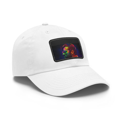 George Michael neon dreams watercolor cap in white with light brown patch.