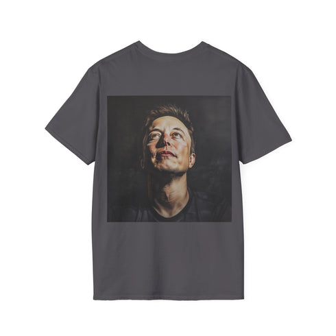 Galactic Visionary Elon Musk tee in Charcoal, size S, Cotton Crew Neck.