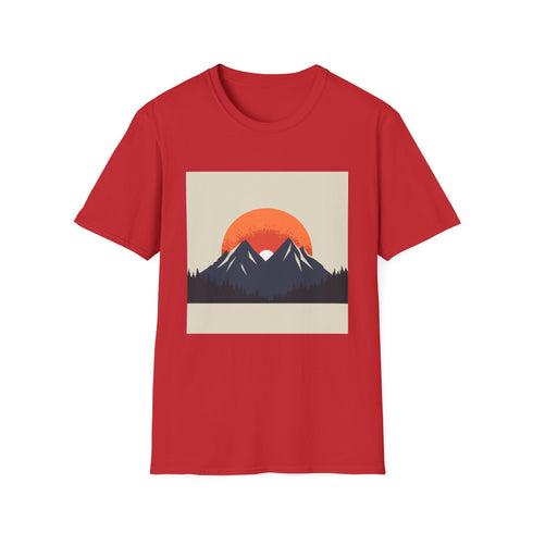 Minimalist charcoal cotton t-shirt with sunrise mountains design, men's size small.