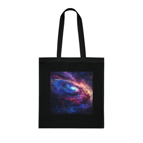 Vibrant cosmic galaxy design on black cotton tote bag.