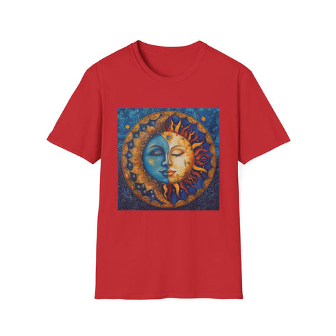 Charcoal mandala sun and moon t-shirt with cosmic harmony design