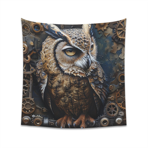 Steampunk Owl Tapestry: Vintage Industrial Charm for Home Decor - BenCPrints