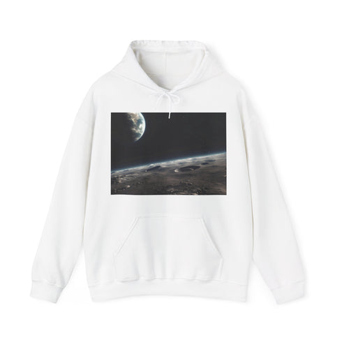 Space-themed Navy Hoodie featuring Earth view design, perfect for celestial enthusiasts.