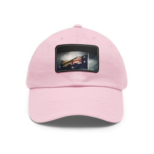 Australian flag design cap in white with light brown patch.