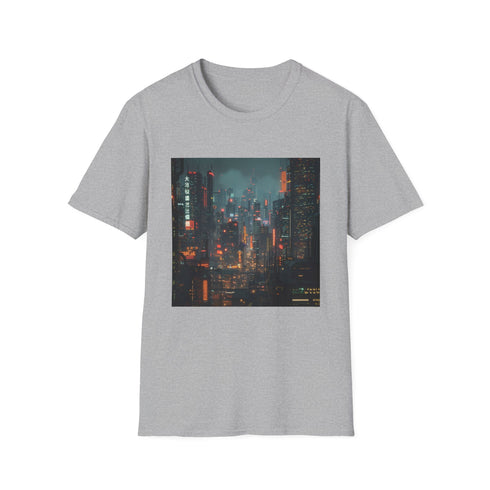 Charcoal cyberpunk cityscape t-shirt in soft cotton fabric with crew neck