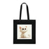 Cat-tastic black cotton tote bag with playful cartoon cat design.