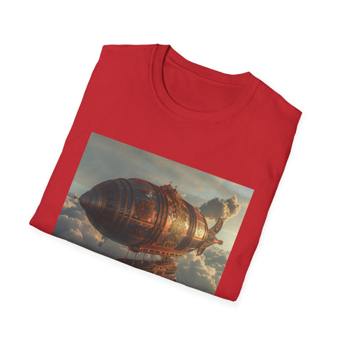 Charcoal cotton t-shirt featuring a steampunk airship adventure graphic
