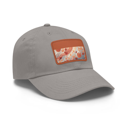 Autumn foliage patterned white baseball cap with light brown patch.