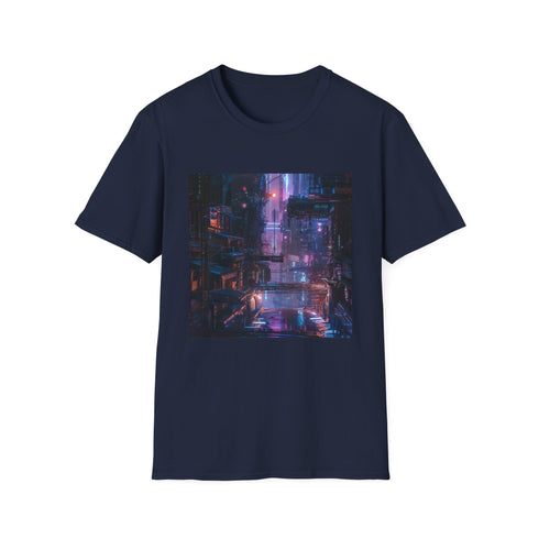 Cyberpunk charcoal t-shirt featuring neon cityscape graphic with regular crew neck