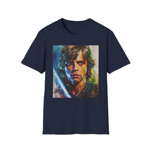 Charcoal crew neck cotton T-shirt featuring vibrant Luke Skywalker painting