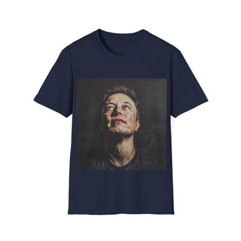 Galactic Visionary Elon Musk Tee in Charcoal, Size Small for Men.