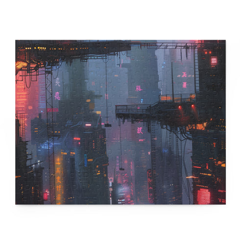 Challenging Cyberpunk City jigsaw puzzle with neon-lit streets and towering skyscrapers